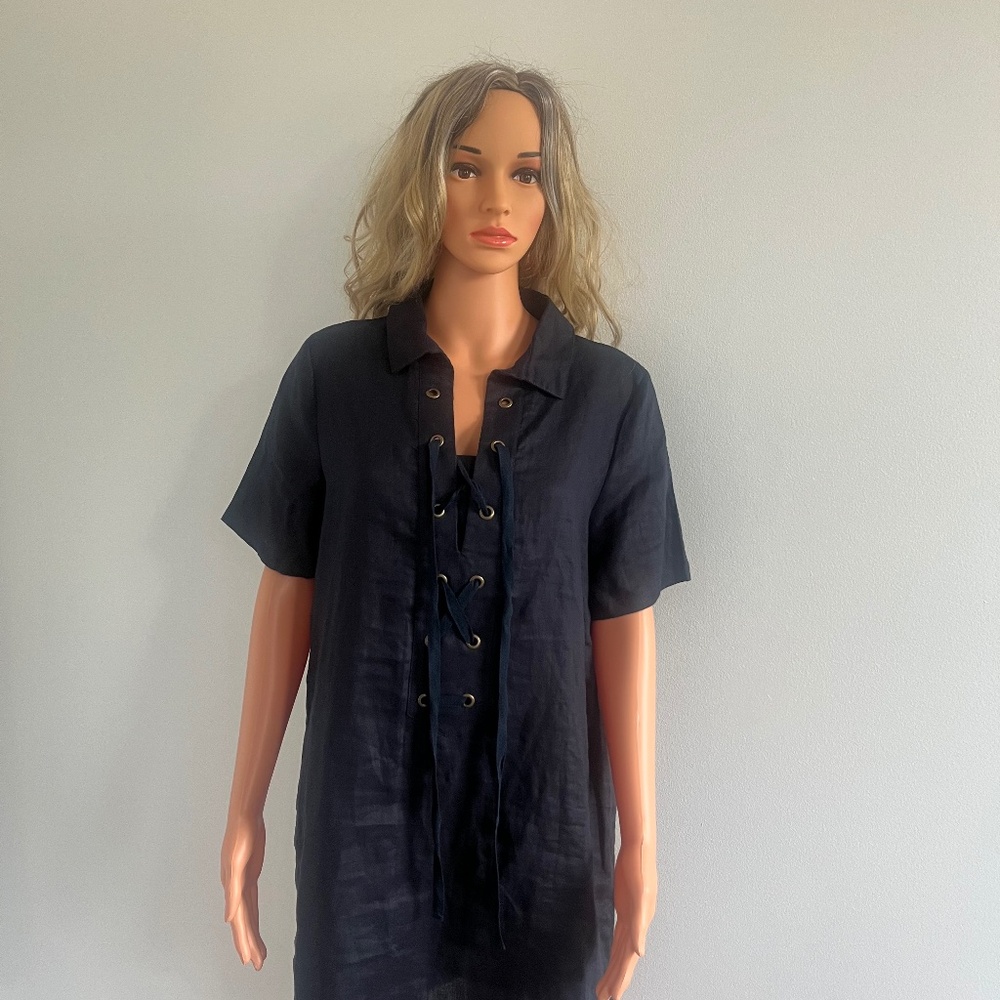Laju Womens NWT Navy Blue 100% Linen Front Lace Up Dress XL